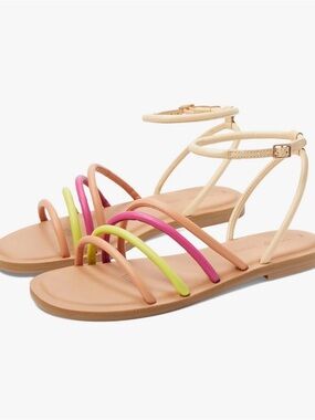 NWT, Tom’s Willa Honey Beige Multi colored Leather Ankle‑Strap Sandals, size 7
